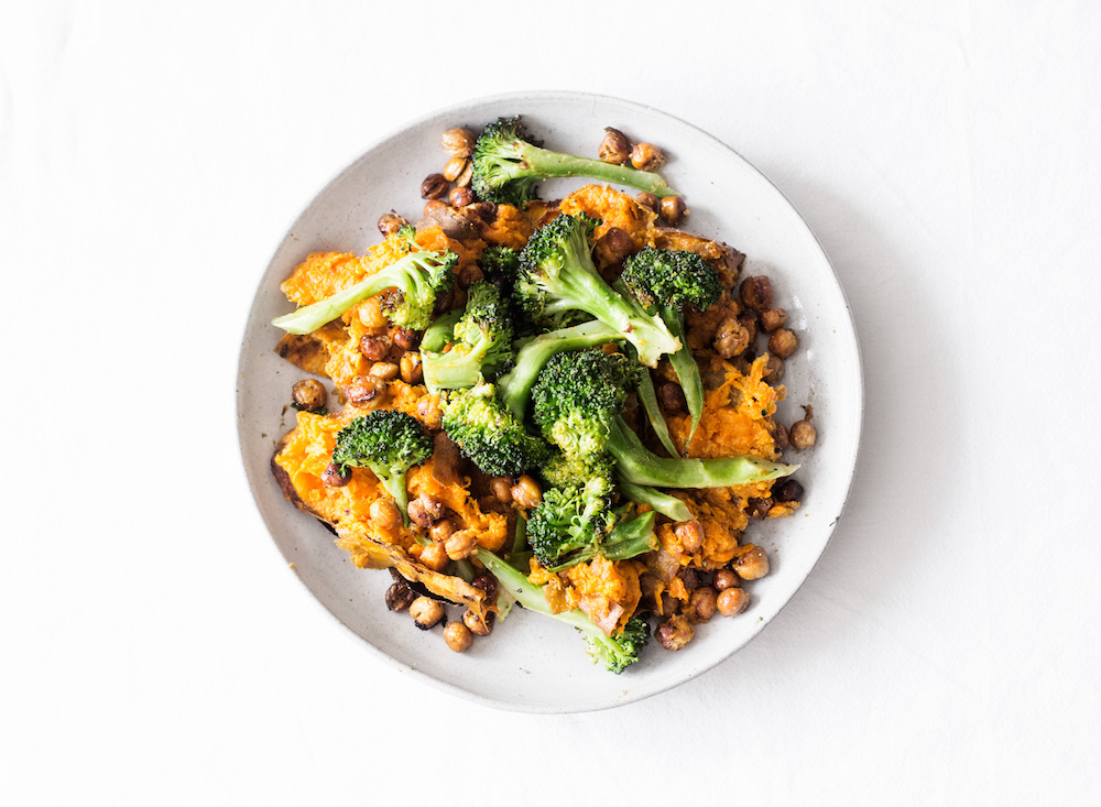 Lighter Garlic Chickpea & Broccoli Stuffed Sweet Potato